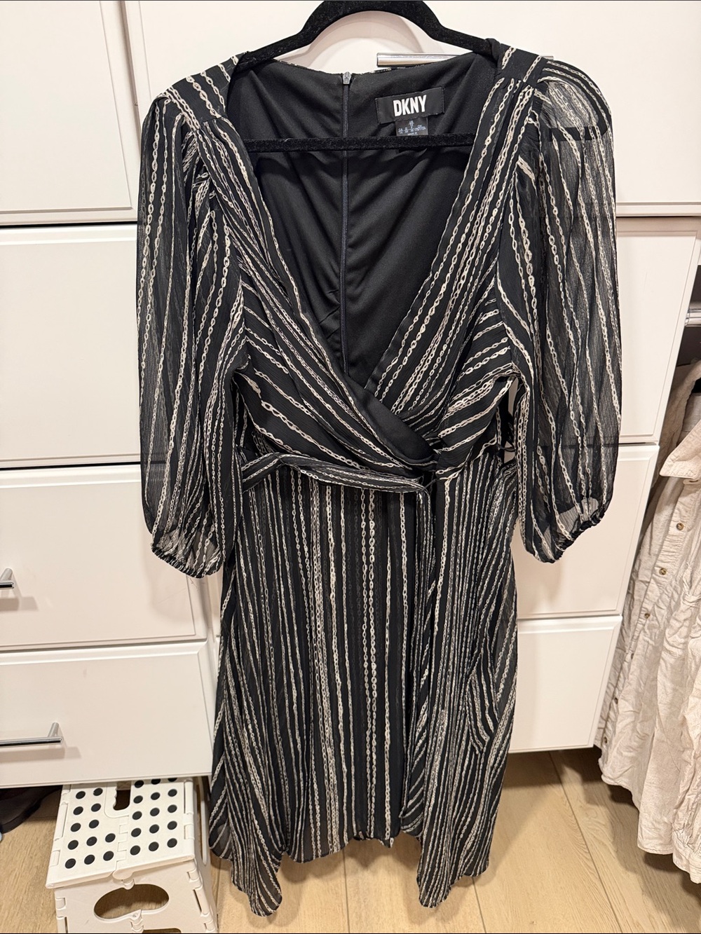 DKNY Black Dress with White Chain-Stripe Wrap